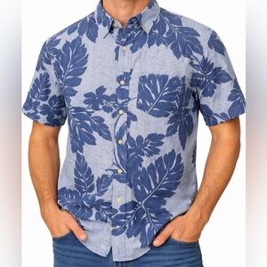 Kennington M Blue Floral Short Sleeve Button Down Shirt 100% Cotton(A222)